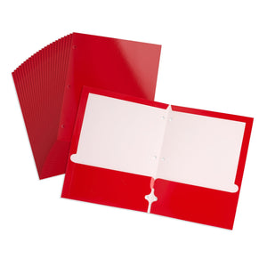 2 Pocket Laminated Paper Folder, 3-Hole, Red, 25 Pack Blue Summit Supplies