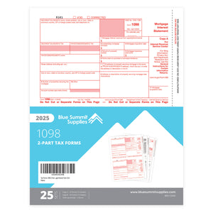 1098 Mortgage Interest Forms 2025, 2 Part Tax Forms Kit with 1096 Transmittal, 25 Laser Forms