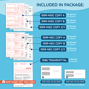 Blue Summit Supplies 1099 Tax Forms 2025, 25 Pack Bundle with 1099-NEC and 1099-MISC Forms, 25 Sets Each, Self-Seal Envelopes, and 1096 Transmittals