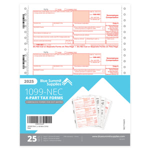 2025 Blue Summit Supplies Tax Forms, 1099 NEC 4-Part Carbonless Continuous Forms for Dot Matrix, 25-Pack