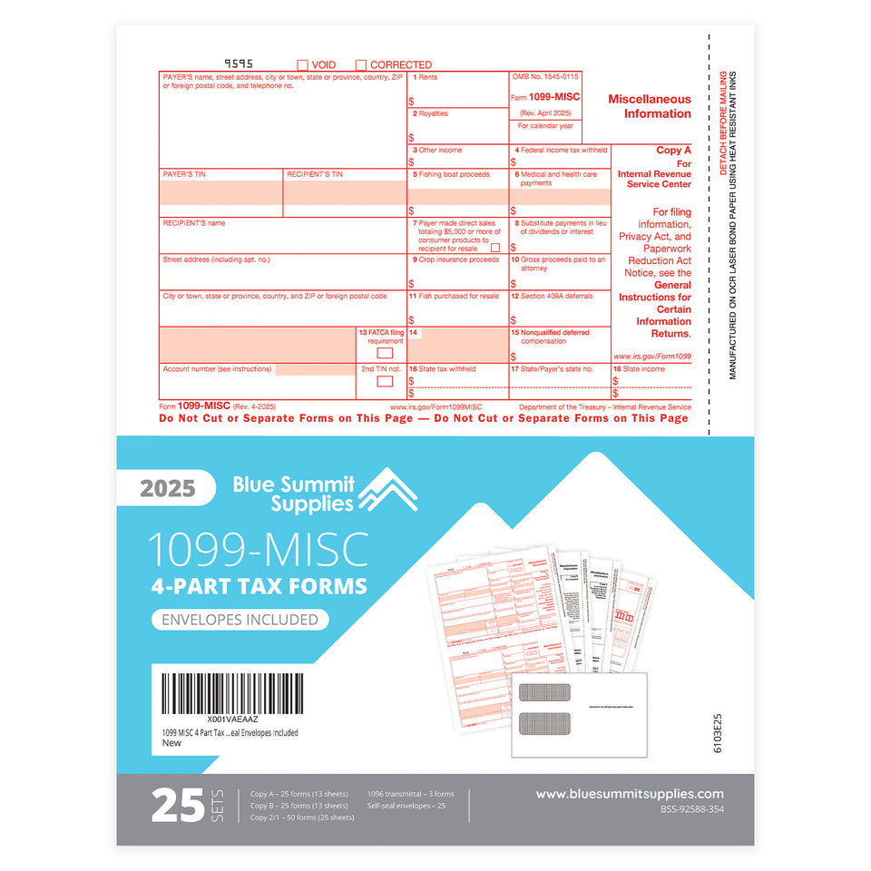 2025 Blue Summit Supplies Tax Forms, 1099 MISC 4 Part Tax Forms Kit, 25-Count