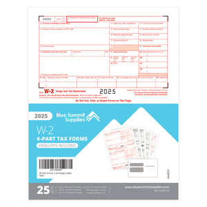 2025 Blue Summit Supplies Tax Forms, W2 4 Part Tax Forms Bundle with Self Seal Envelopes, 25-Count
