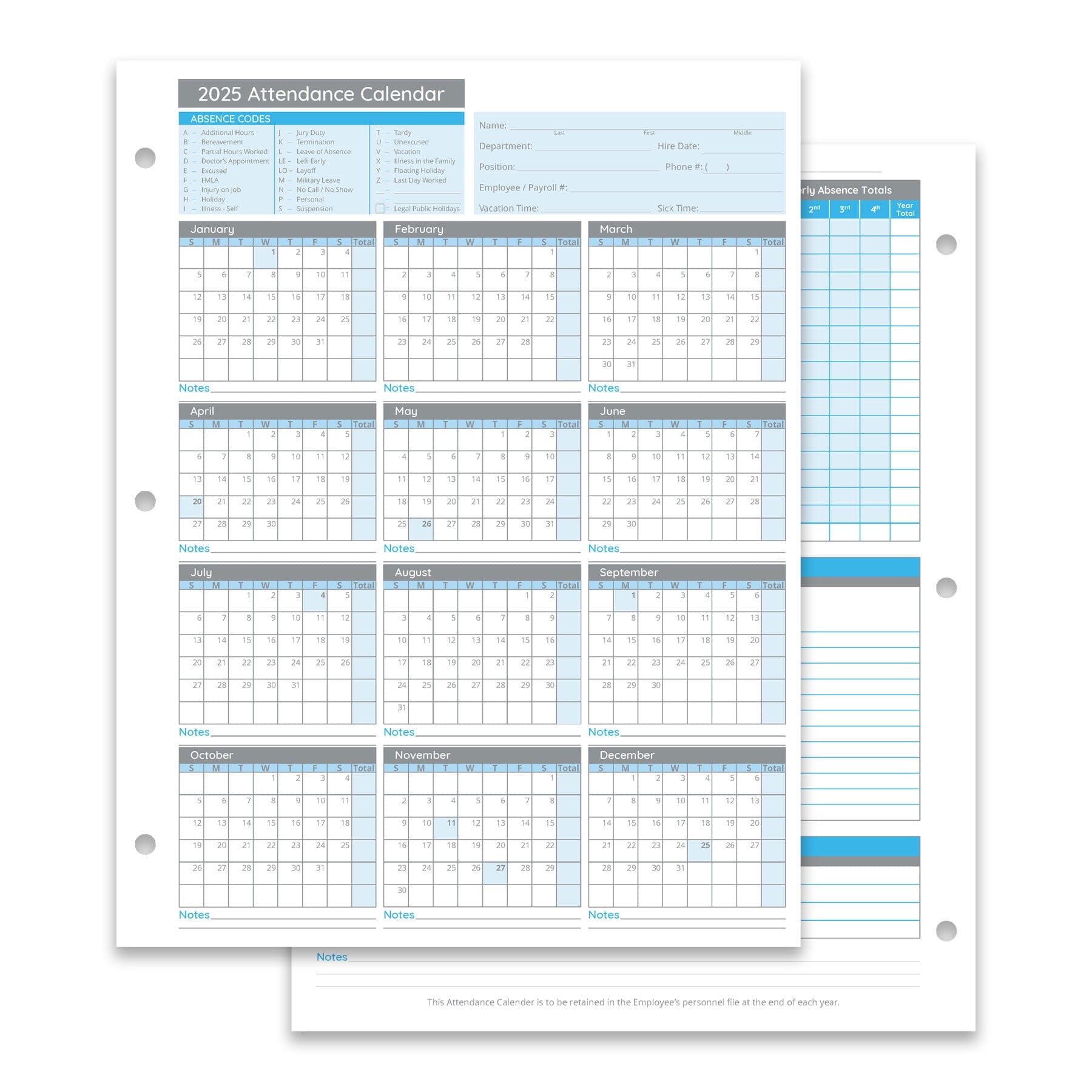 Blue Summit Supplies Employee 2025 Attendance Sheets, Hole Punched, 50 blue-summit-supplies-employee-2025-attendance-sheets-hole-punched-50