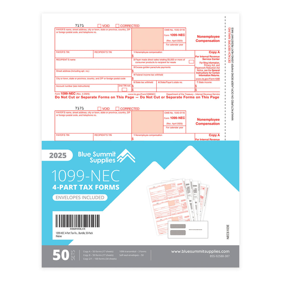 2025 Blue Summit Supplies Tax Forms, 1099-NEC 4-Part Tax Form BUNDLE, 50-Pack