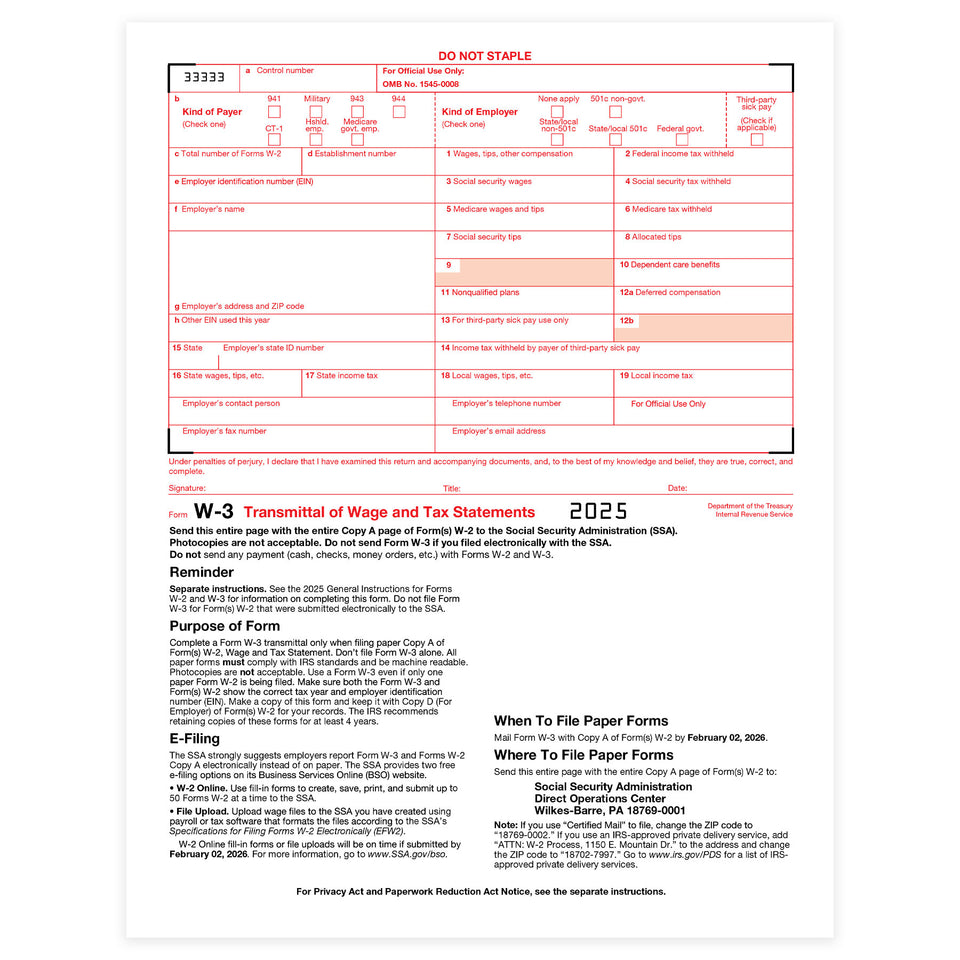 2025 Blue Summit Supplies Tax Forms, W3 Transmittal Tax Forms, 10-Count