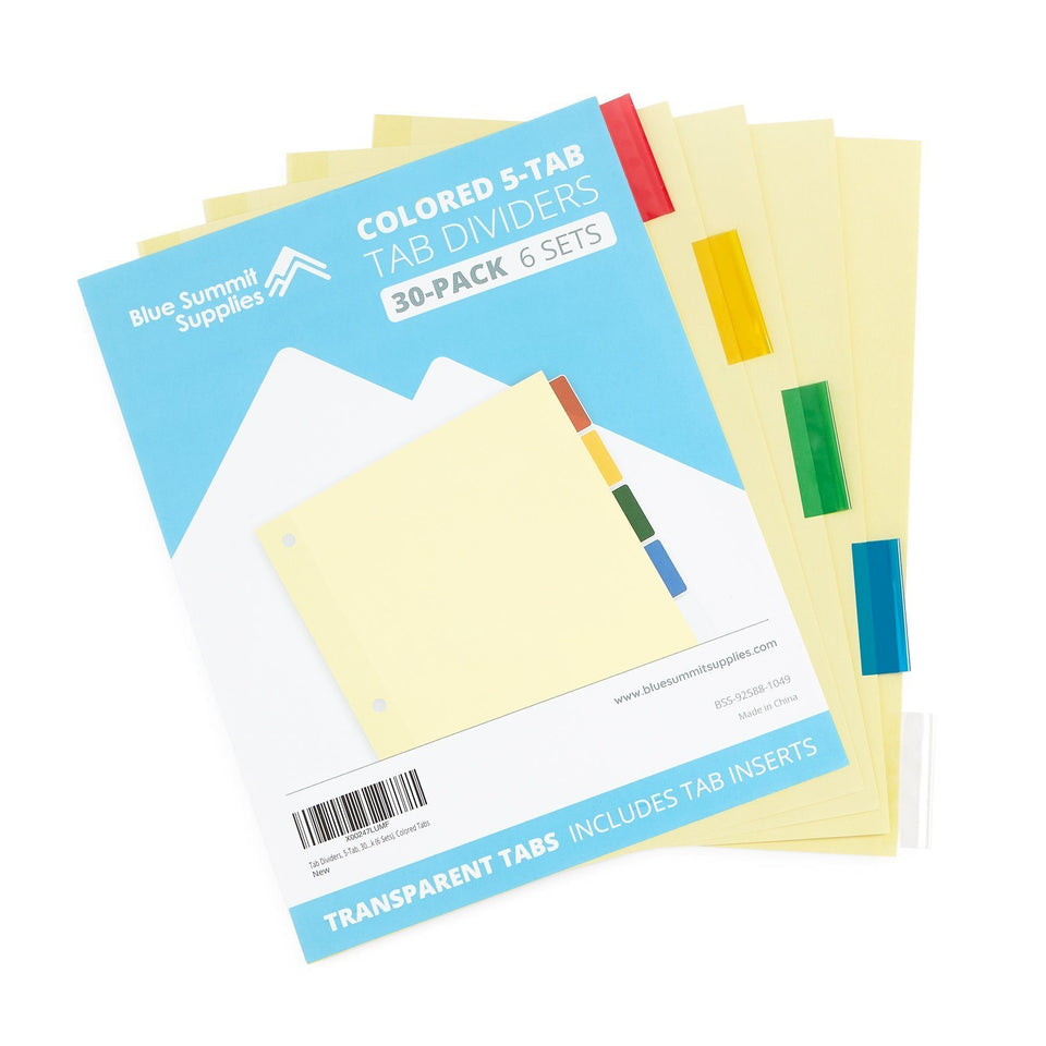 Tabbed Binder Dividers, 1/5 Cut Plastic Tabs, Colored, 6 Sets Binder Dividers Blue Summit Supplies