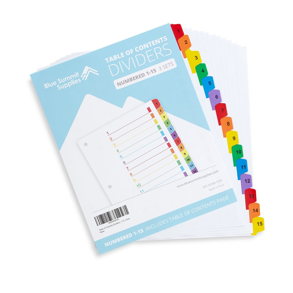 15 Tab Dividers for 3-Ring Binders, 3 Sets Binder Dividers Blue Summit Supplies