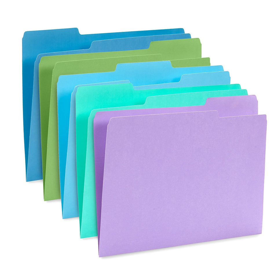 File Folders, Letter Size, Assorted Ocean Tone Colors, 100 Pack Folders Blue Summit Supplies