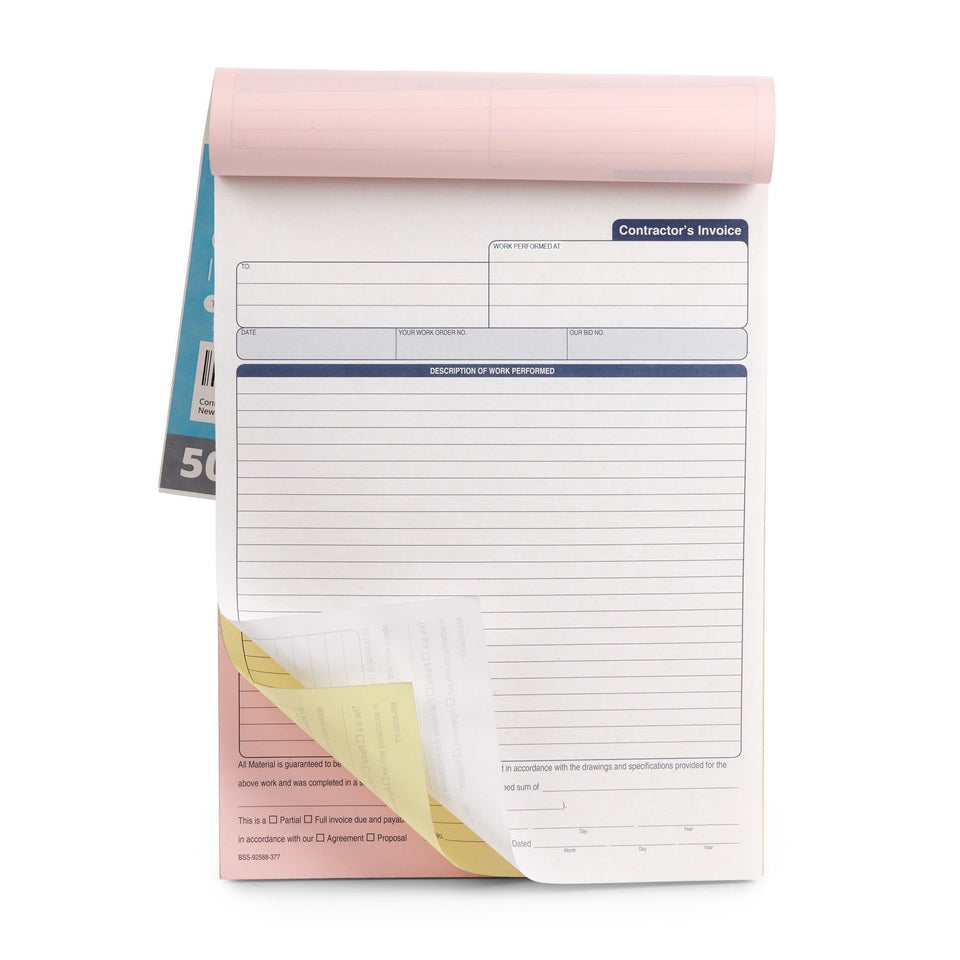 Contractors Invoice Book with 3-Part Carbonless Forms, 50 Sets Business Forms Blue Summit Supplies