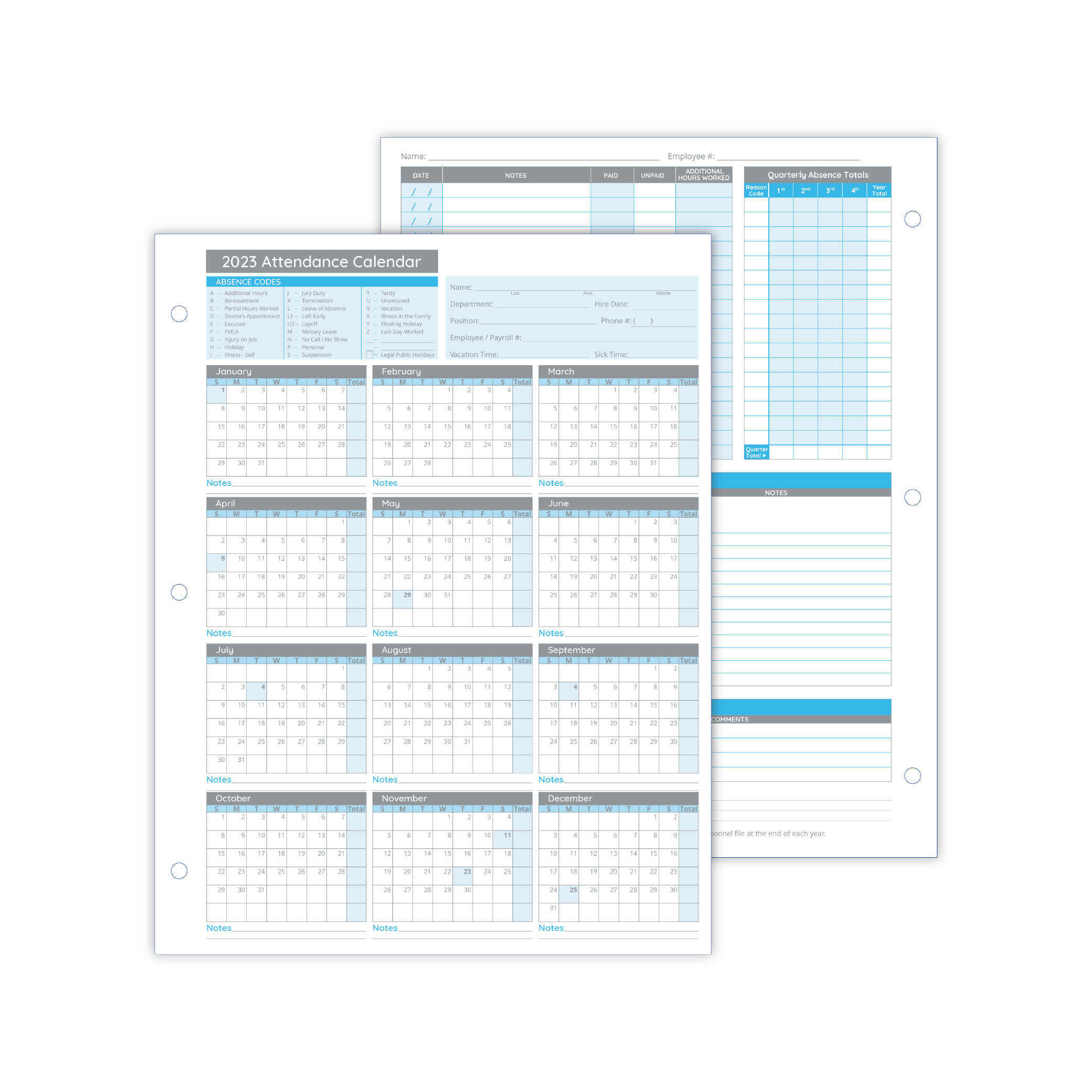 Blue Summit Supplies Employee 2023 Attendance Sheets, Hole Punched, 50
