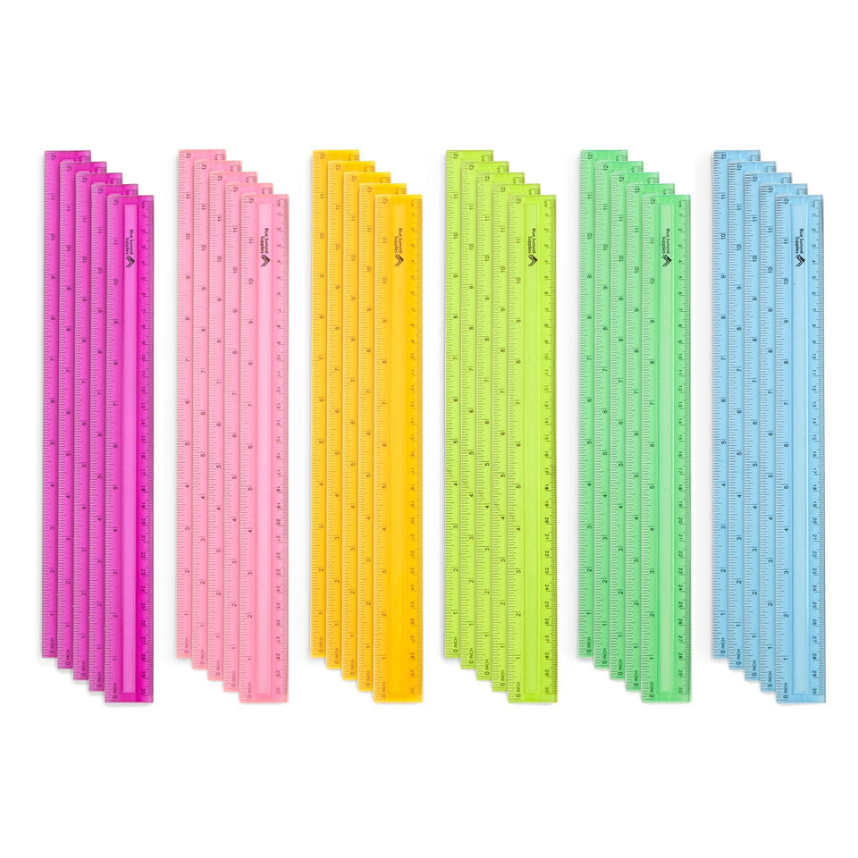 Plastic Shatterproof Rulers, Assorted Colors, 30 Pack Rulers Blue Summit Supplies