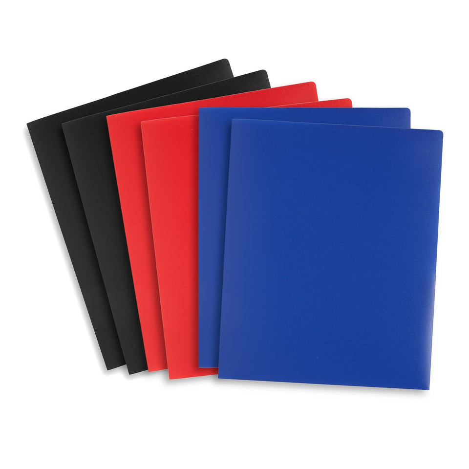 Plastic Two-Pocket Folders with Reinforced Corners, Assorted Bold Colors, 6 Pack Folders Blue Summit Supplies