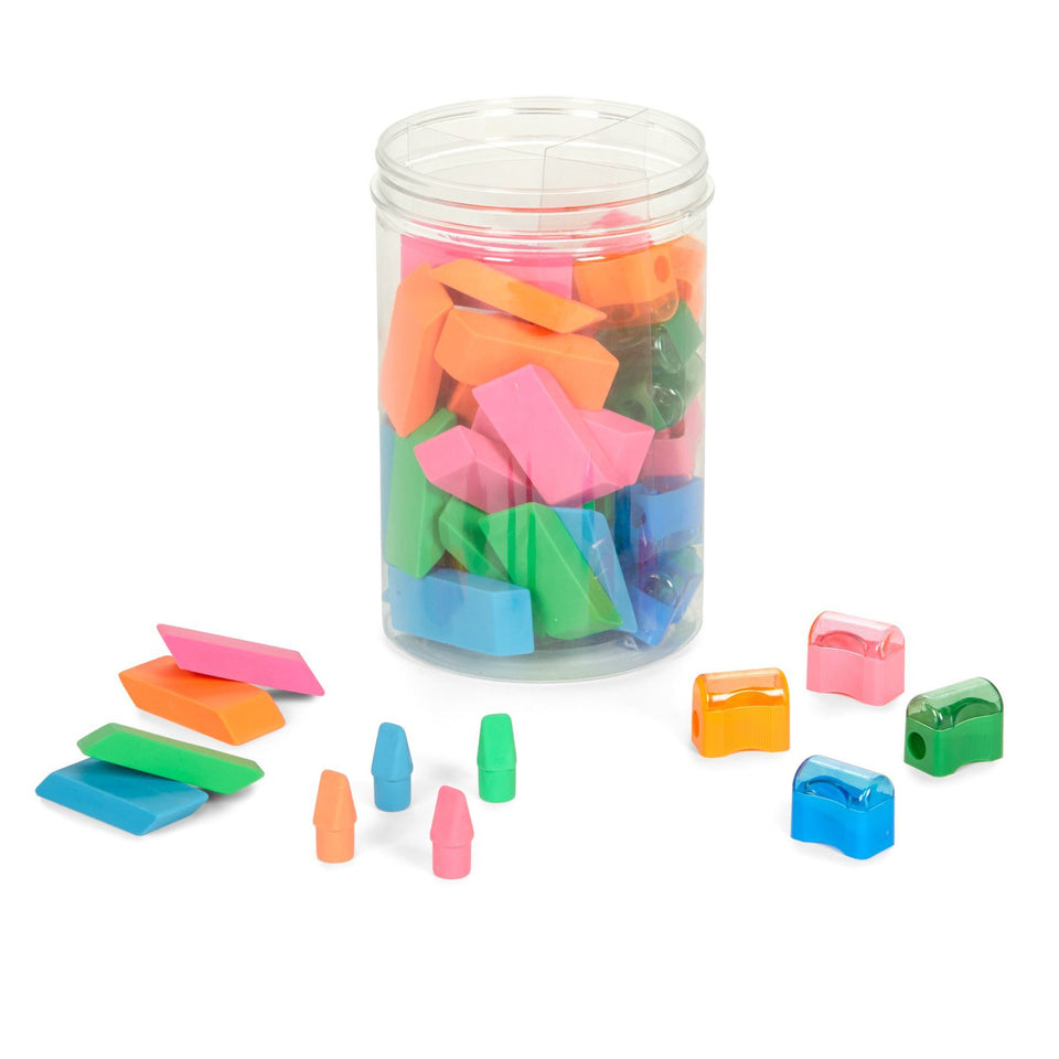 Colorful Pencil Sharpener & Eraser Bundle, 100 Pieces Accessories Blue Summit Supplies