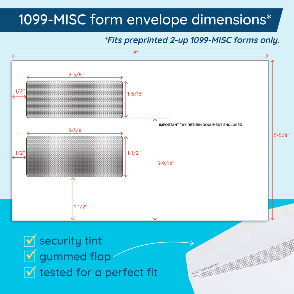 Blue Summit Supplies Tax Envelopes, 1099, Double Window, Security Tint, Gummed, 50 Pack
