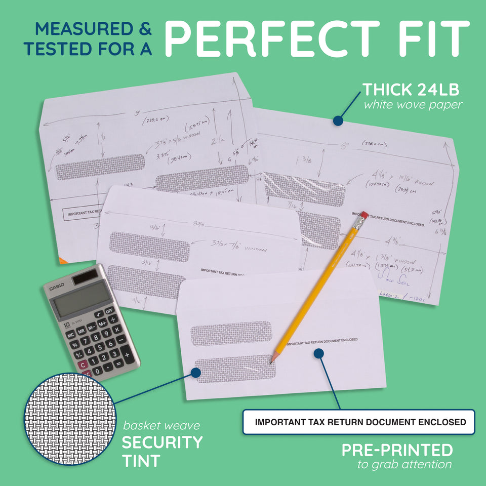 Blue Summit Supplies Tax Envelopes, 1099, Double Window, Security Tint, Gummed, 50 Pack