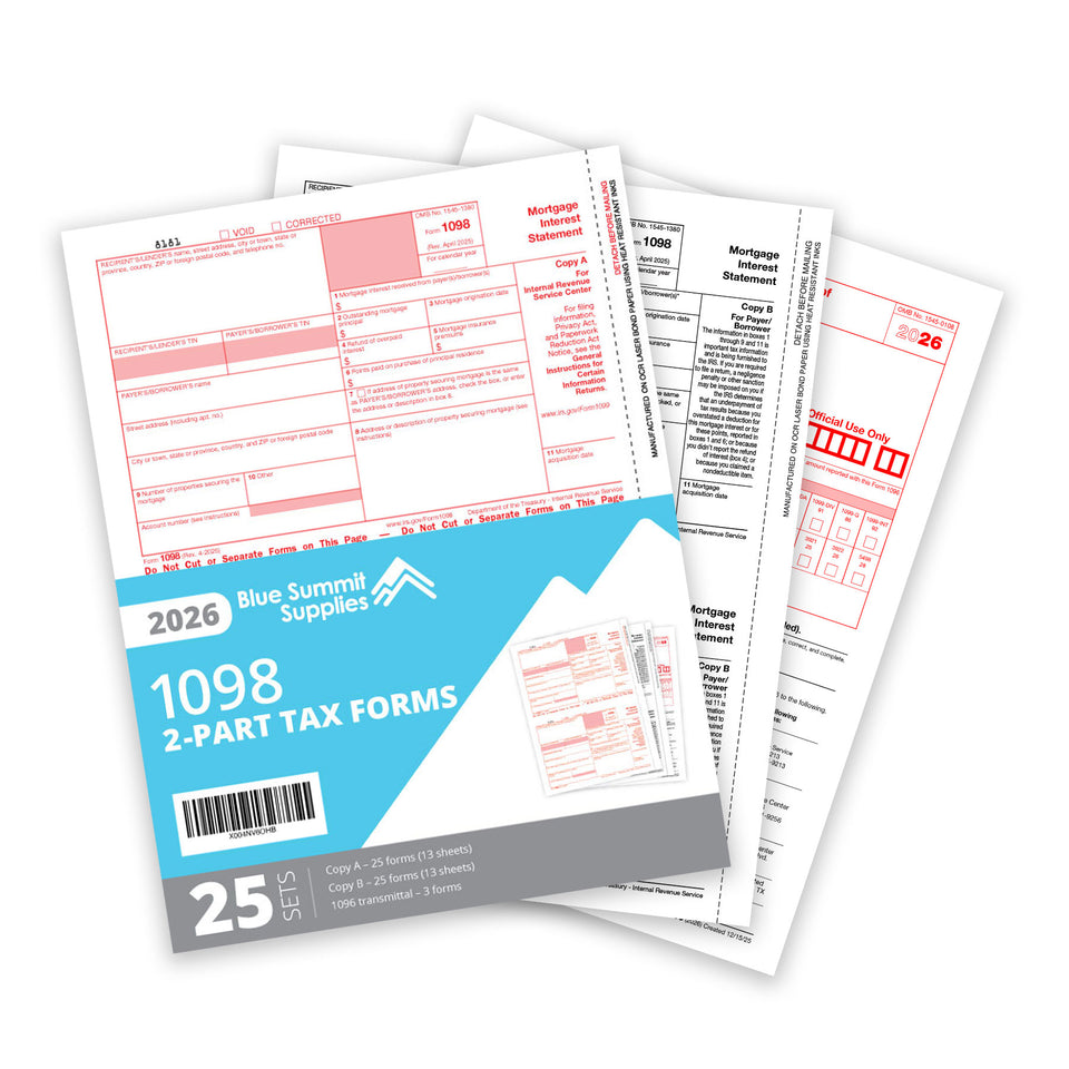 1098 Mortgage Interest Forms 2025, 2 Part Tax Forms Kit with 1096 Transmittal, 25 Laser Forms