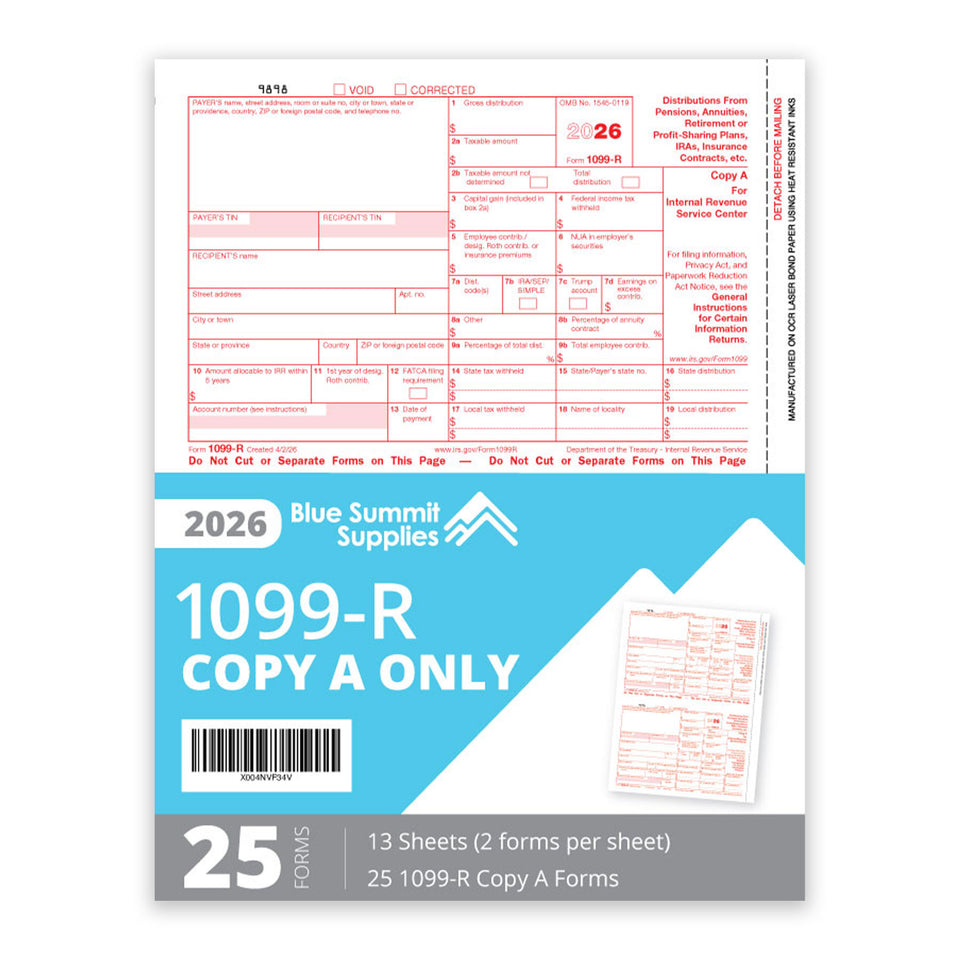 1099-R Copy A Tax Forms 2026, Copy A ONLY, 25 PACK