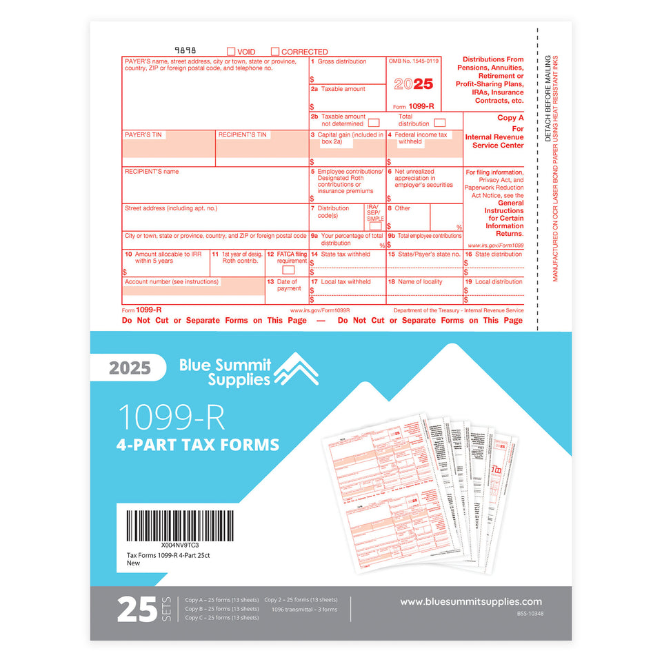 1099-R Tax Forms 2025, 4 Part Laser Forms Kit with 3 1096 Transmittals