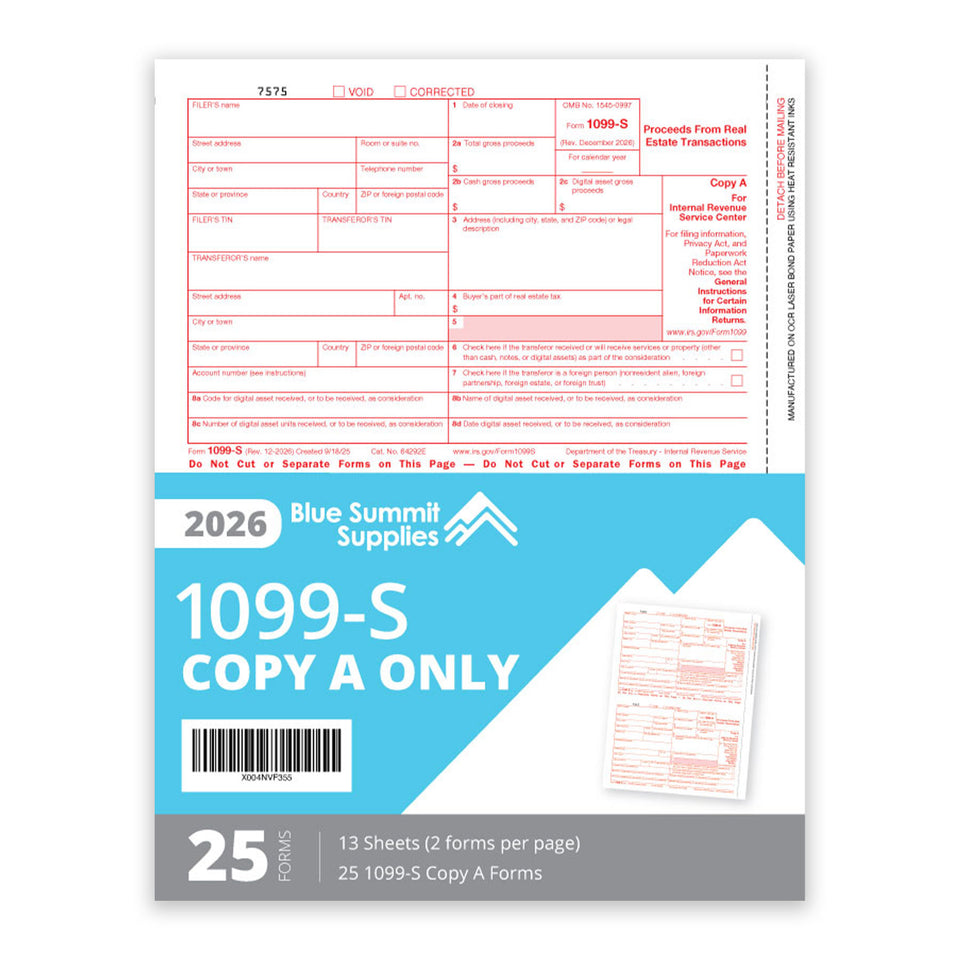 1099-S Copy A Tax Forms, Copy A ONLY, 25 Pack