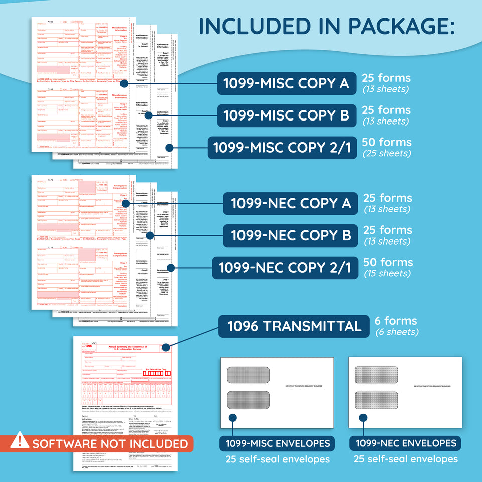 Blue Summit Supplies 1099 Tax Forms 2026, 25 Pack Bundle with 1099-NEC and 1099-MISC Forms, 25 Sets Each, Self-Seal Envelopes, and 1096 Transmittals