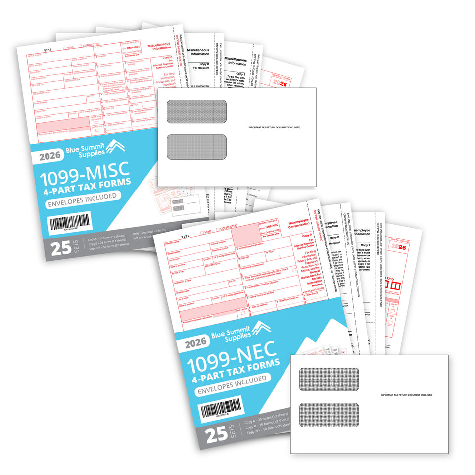 Blue Summit Supplies 1099 Tax Forms 2026, 25 Pack Bundle with 1099-NEC and 1099-MISC Forms, 25 Sets Each, Self-Seal Envelopes, and 1096 Transmittals