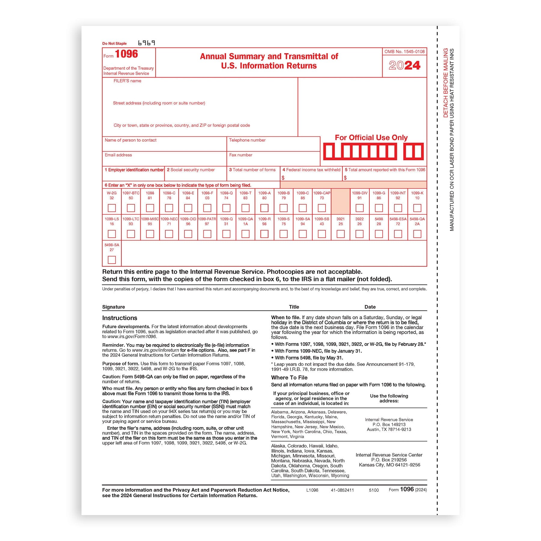 2024 Blue Summit Supplies Tax Forms, 1099 MISC 4 Part Tax