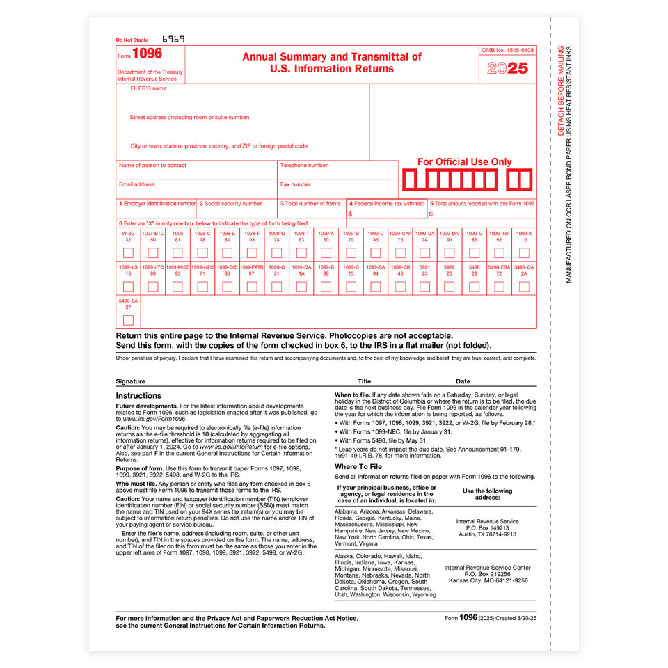 2025 Blue Summit Supplies 1096 Transmittal Tax Forms Summary Laser Forms, Compatible with QuickBooks and Accounting Software, 25 Pack
