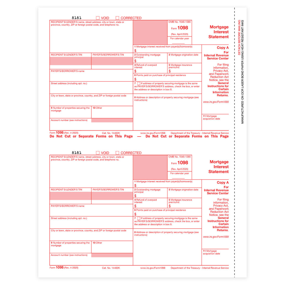 1098 Mortgage Interest Forms 2025, Copy A ONLY, 25 PAACK