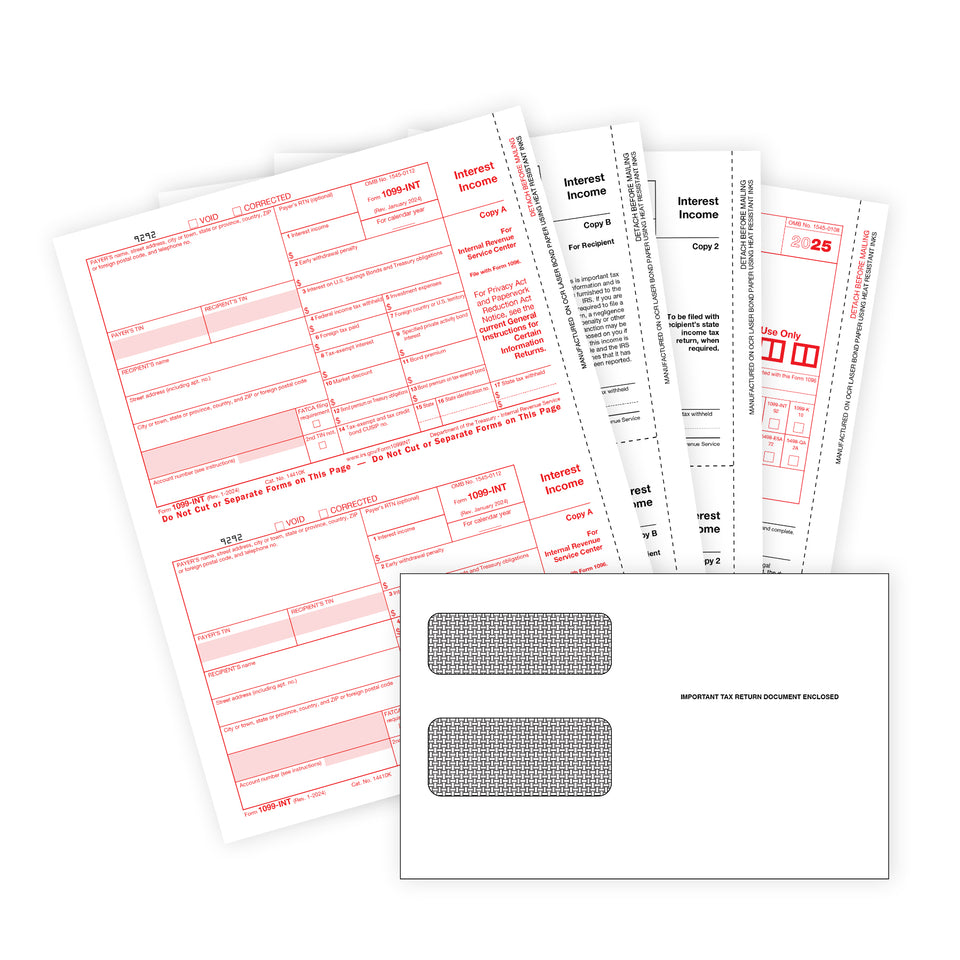 2025 Blue Summit Supplies Tax Forms, 1099 INT 4 Part Tax Forms Bundle with Seal Seal Envelopes, 50-Count