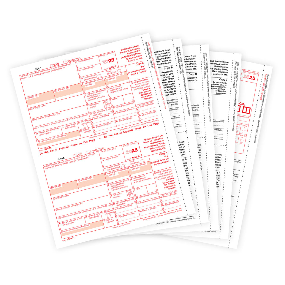 1099-R Tax Forms 2025, 4 Part Laser Forms Kit with 3 1096 Transmittals, 25 Pack