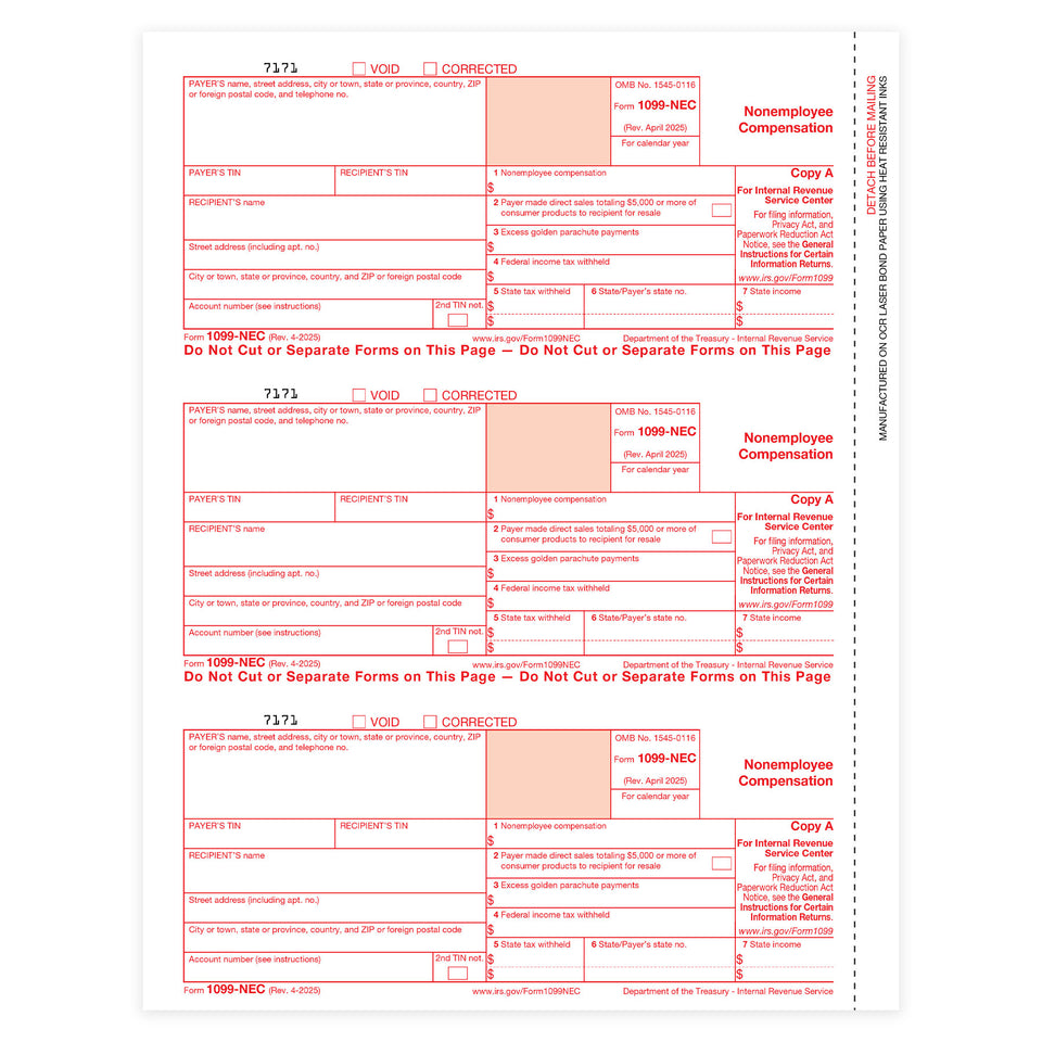 2025 Blue Summit Supplies Tax Forms, 1099-NEC Copy A Forms, 50-Pack (17 Sheets)