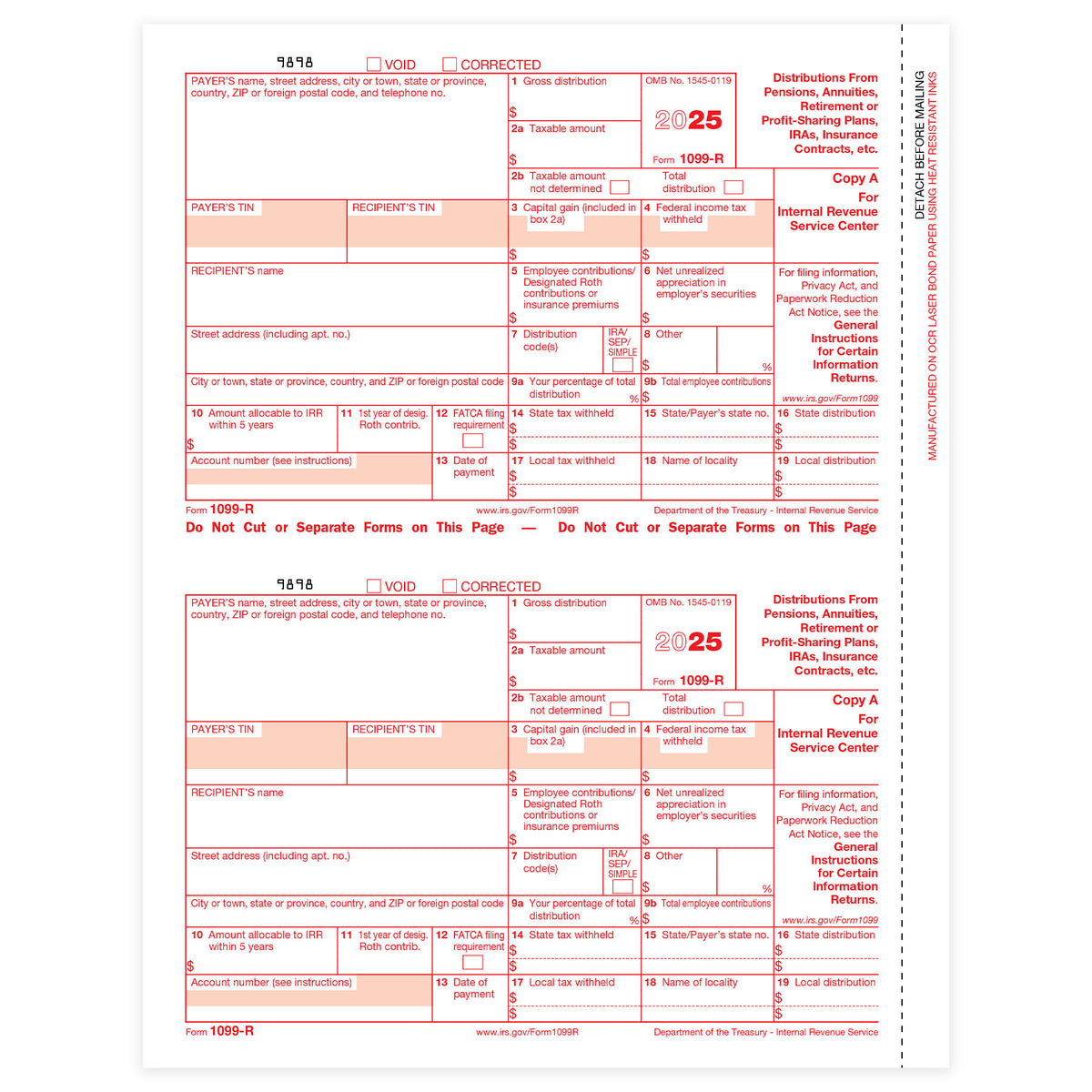 10099 R Form 1099-R Copy A Tax Forms 2025, Copy A ONLY, 25 PACK
