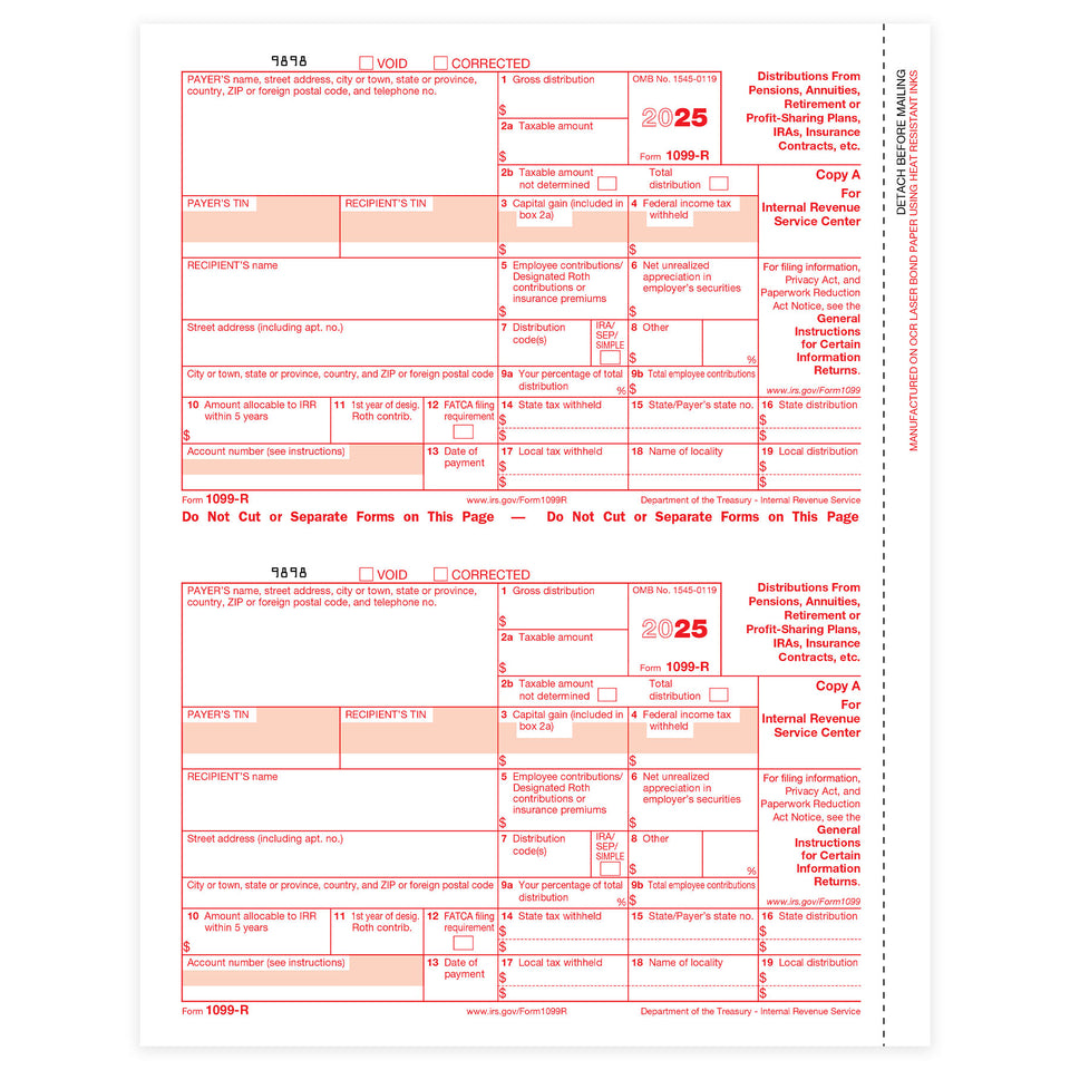 1099-R Copy A Tax Forms 2025, Copy A ONLY, 25 PACK