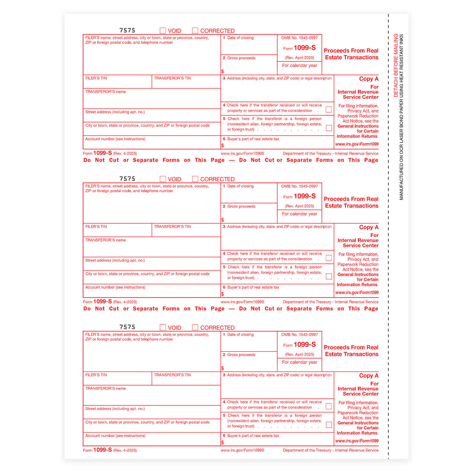 1099-S Copy A Tax Forms, Copy A ONLY, 25 Pack