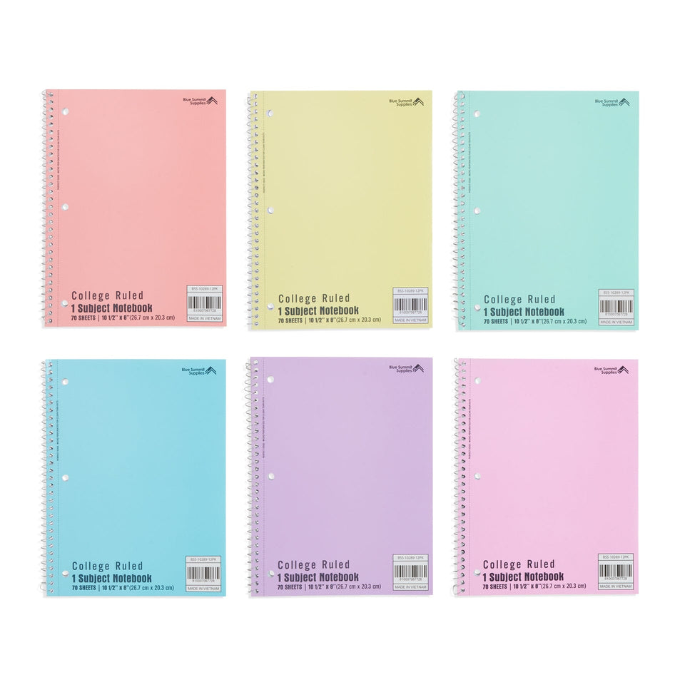 College Ruled Spiral Notebooks, 70ct, Pastel Colors, 6 Pack
