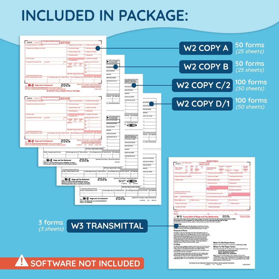 2026 Blue Summit Supplies Tax Forms, W2 6-Part Tax Forms Kit, 50 Count