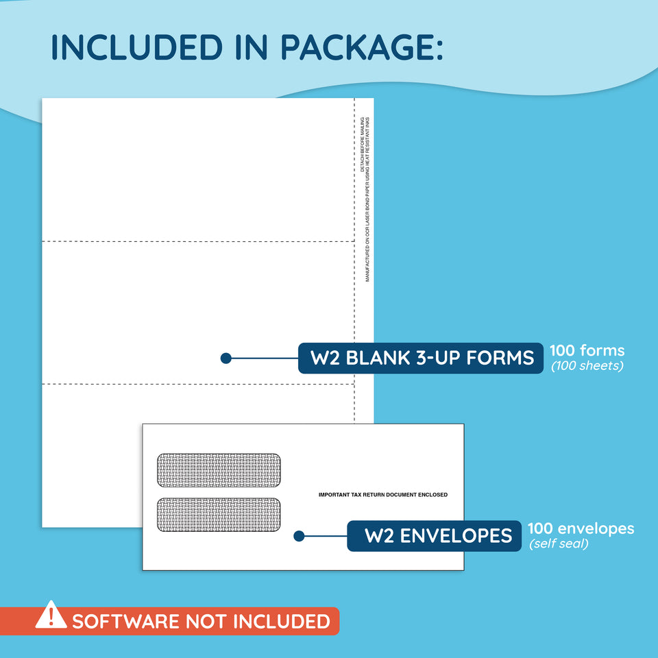 2026 Blue Summit Supplies Tax Forms, Blank W2 3-Up Horizontal Bundle, 100-Pack