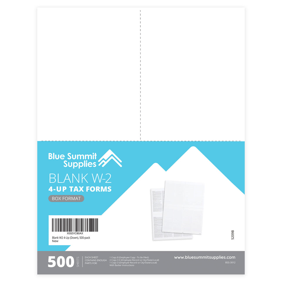 Blue Summit Supplies Tax Forms, Blank W2 4-Up (Down), 500-pack