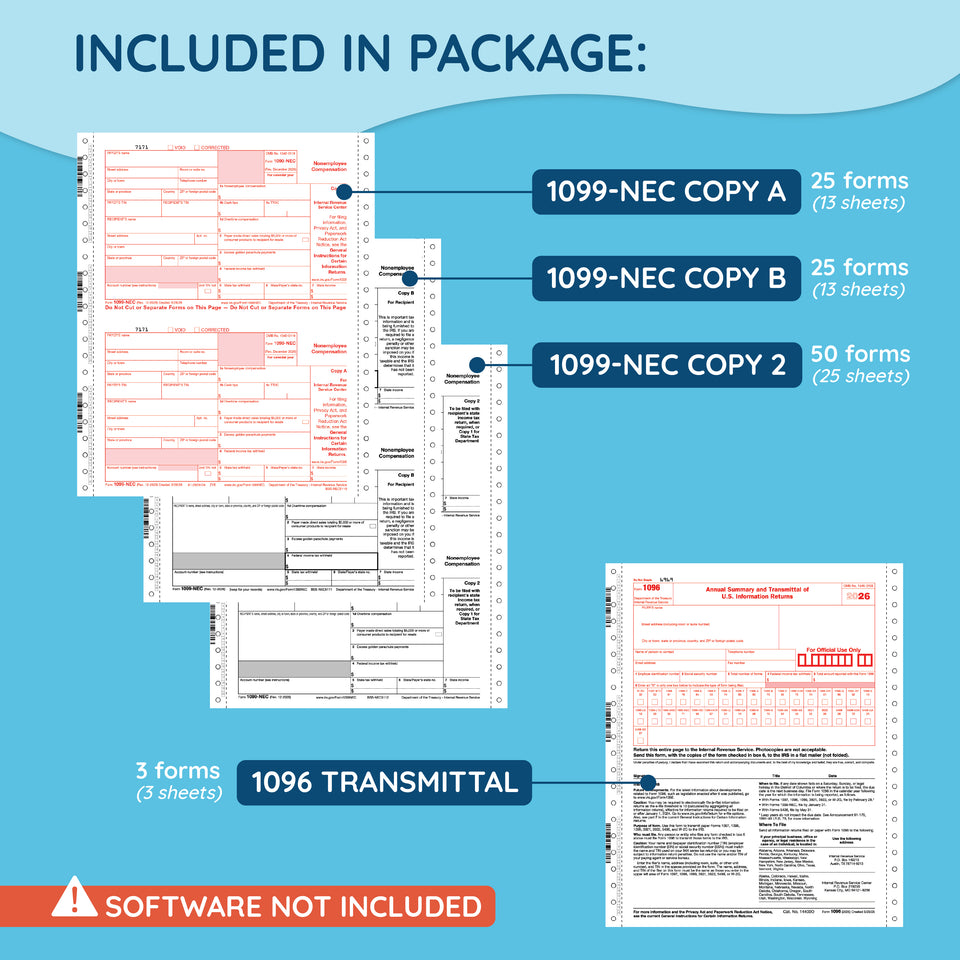 2026 Blue Summit Supplies Tax Forms, 1099 NEC 4-Part Carbonless Continuous Forms for Dot Matrix, 25-Pack