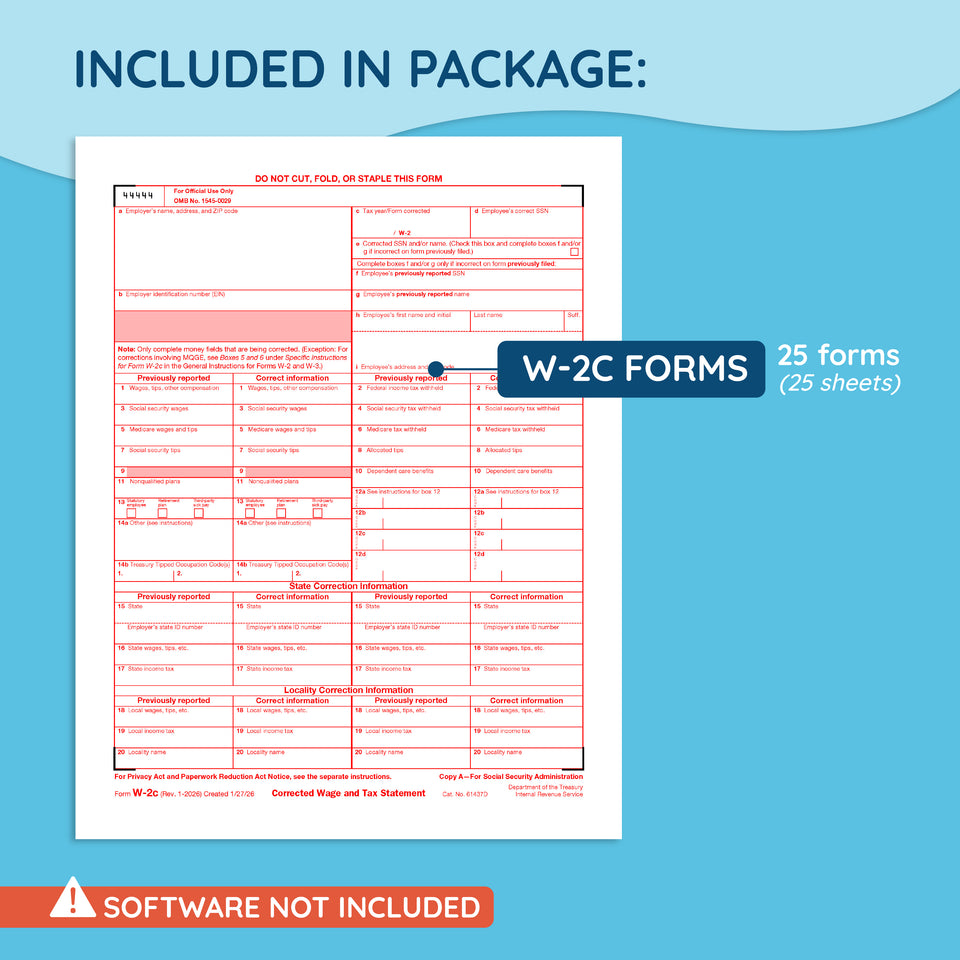 2026 Blue Summit Supplies W2-C Wage Corrected & Tax Statement Form, 25 Pack