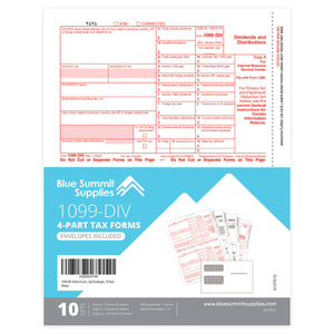 2025 Blue Summit Supplies 1099-DIV 4-Part Income Tax Form Bundle, with Self-Seal Envelopes, 10 Pack