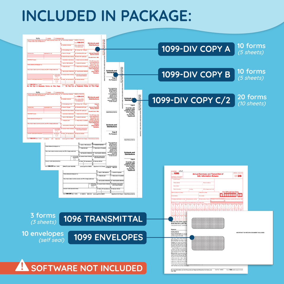 2026 Blue Summit Supplies 1099-DIV 4-Part Income Tax Form Bundle, with Self-Seal Envelopes, 10 Pack