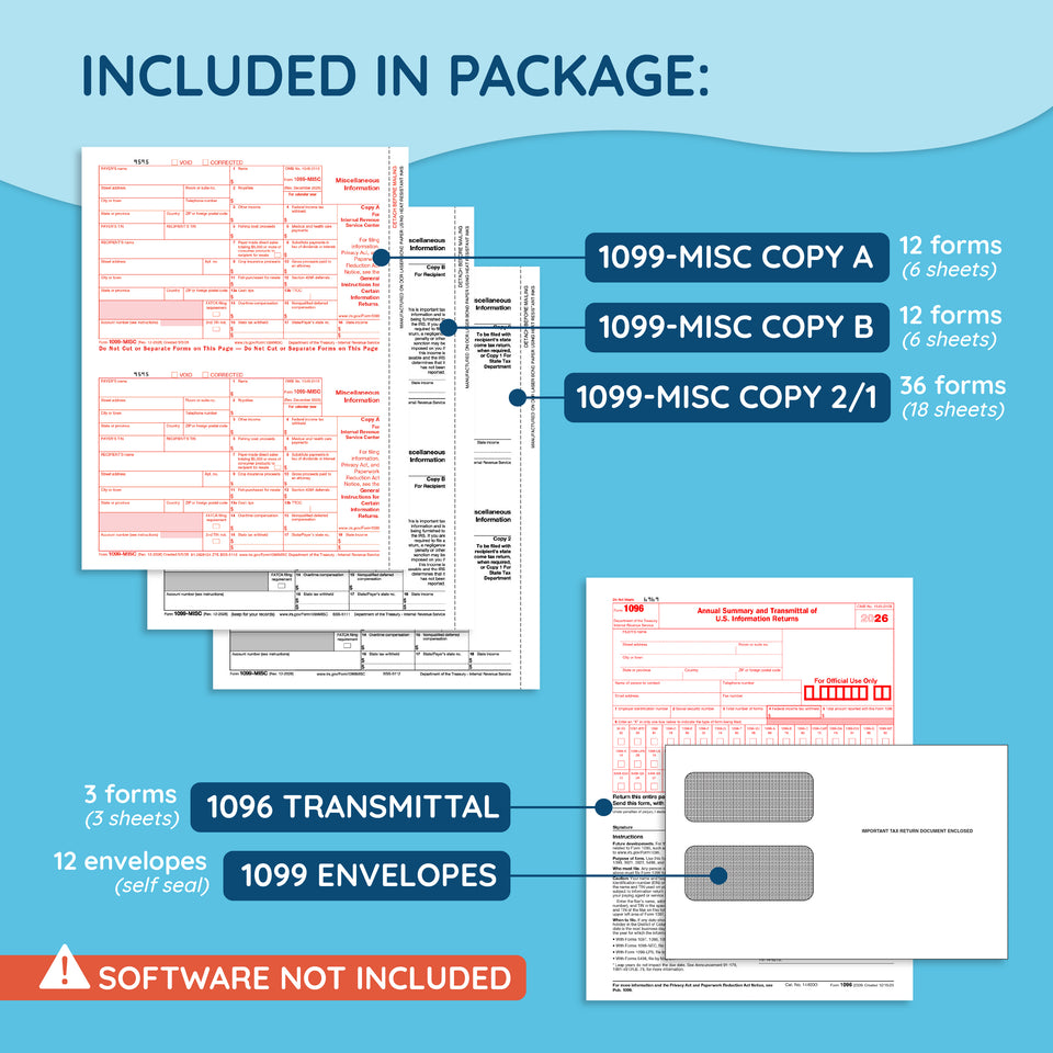 2026 Blue Summit Supplies 1099-MISC 5-Part Tax Form Bundle, with Self-Seal Envelopes, 12 Pack