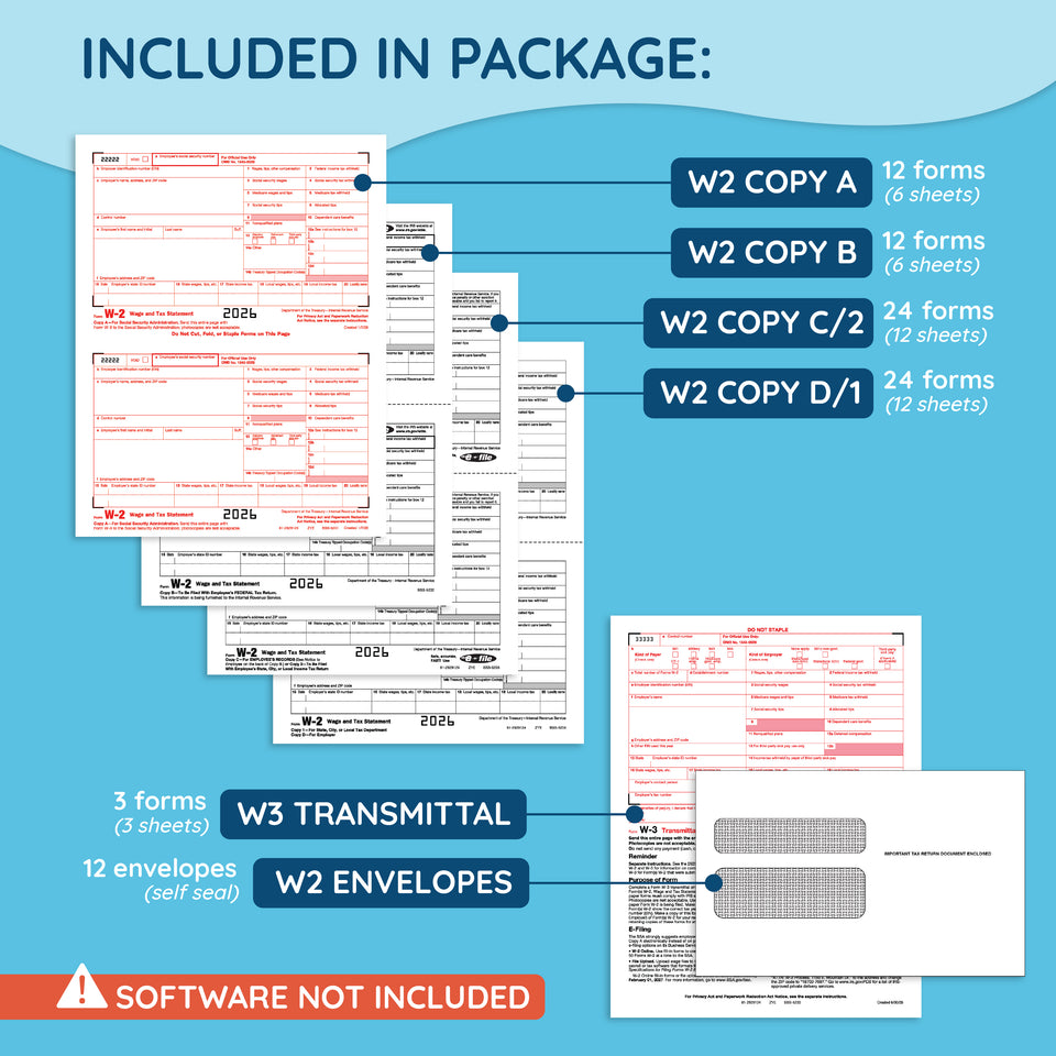 2026 Blue Summit Supplies W2 6-Part Tax Form Bundle, with Self-Seal Envelopes, 12 Pack