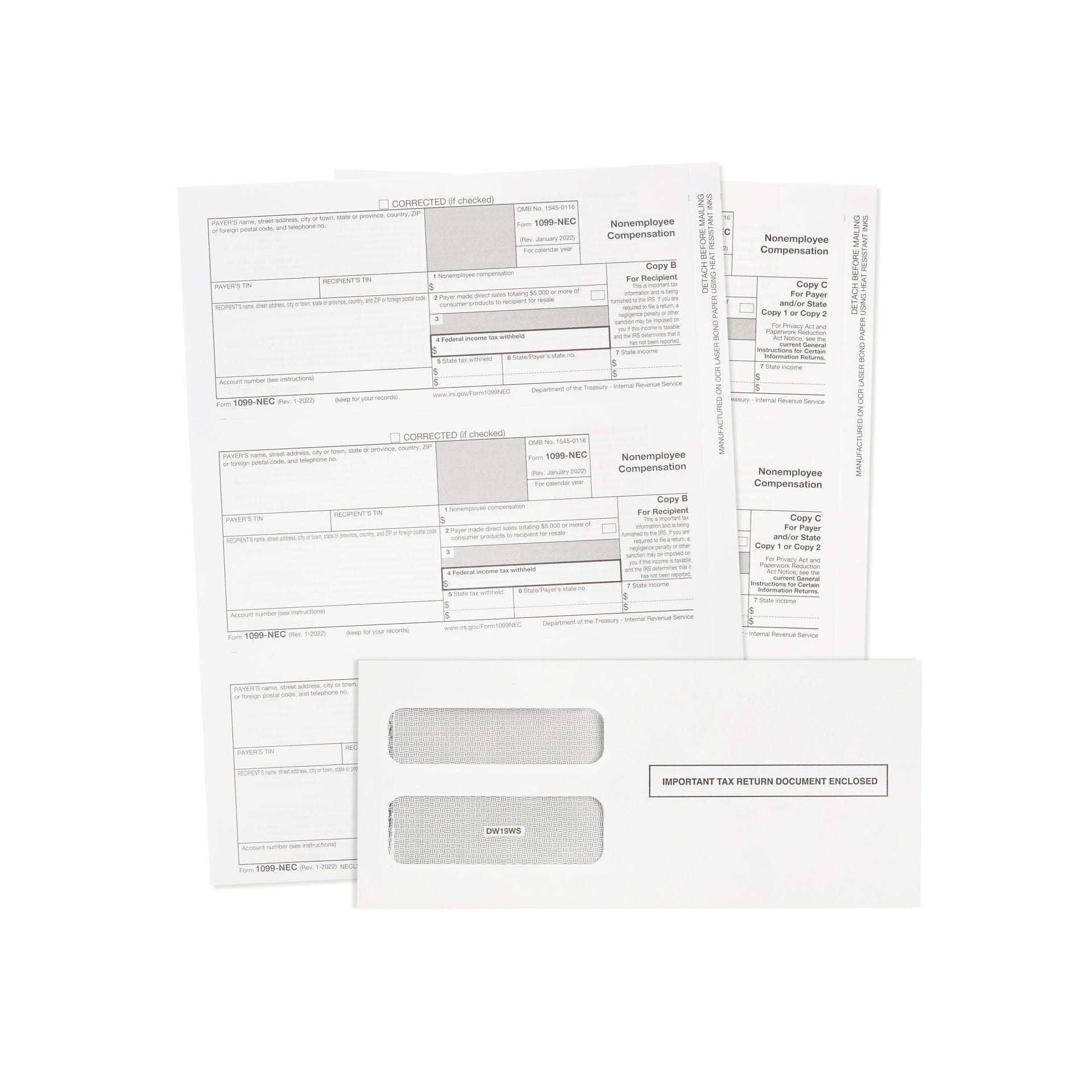 2023 1099 NEC Tax Forms 3 Part Kit, 50 Pack, NO COPY A, Includes 50 Self  Seal Envelopes, 50 3 Part Tax Forms Kit, Compatible with QuickBooks and 