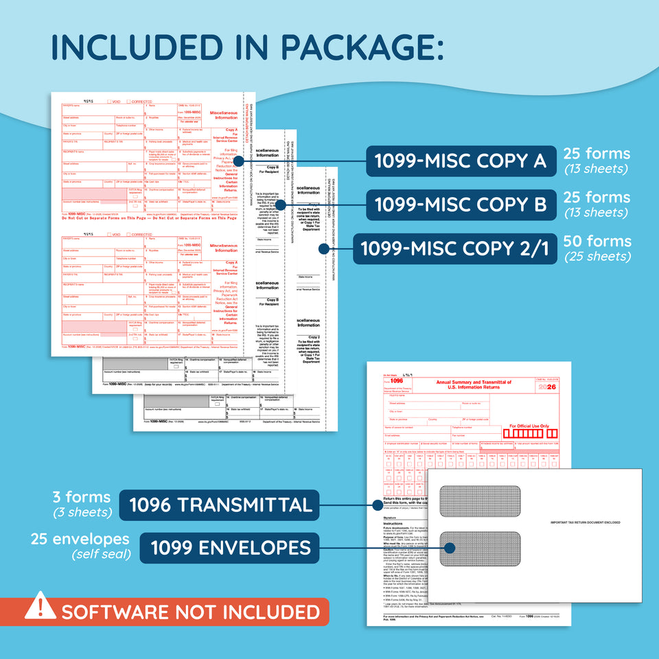 2026 Blue Summit Supplies Tax Forms, 1099 MISC 4 Part Tax Forms Kit, 25-Count