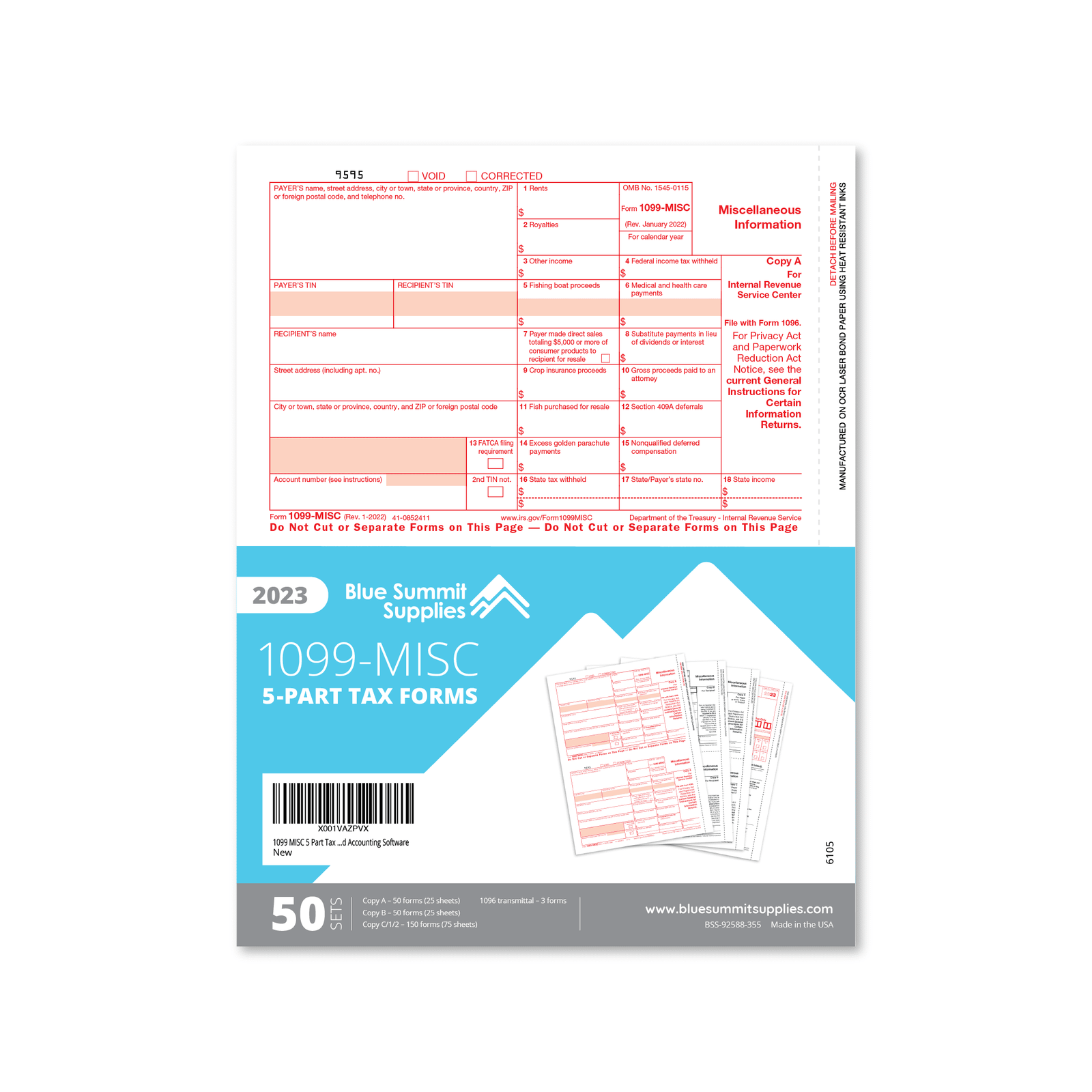 2023 Blue Summit Supplies Tax Forms, 1099 MISC 5 Part Tax Forms Kit, 5