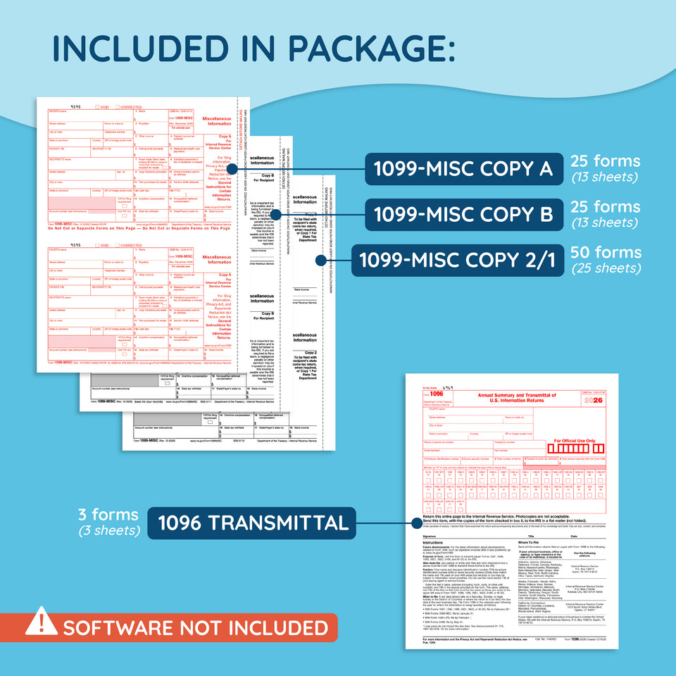 2026 Blue Summit Supplies Tax Forms, 1099 MISC 4 Part Tax Forms Kit, 25-Count
