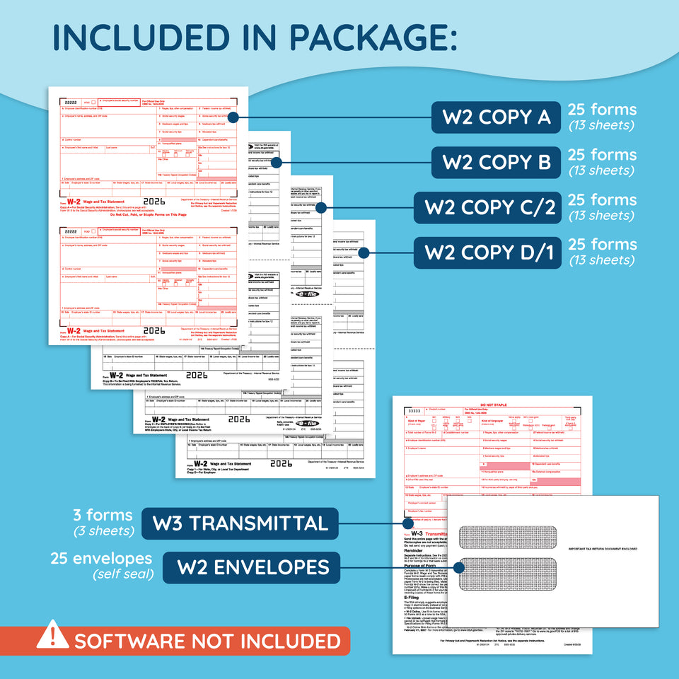 2026 Blue Summit Supplies Tax Forms, W2 4 Part Tax Forms Bundle with Self Seal Envelopes, 25-Count