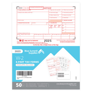 2025 Blue Summit Supplies Tax Forms, W2 6 Part Tax Forms Bundle with Self Seal Envelopes, 50-Count